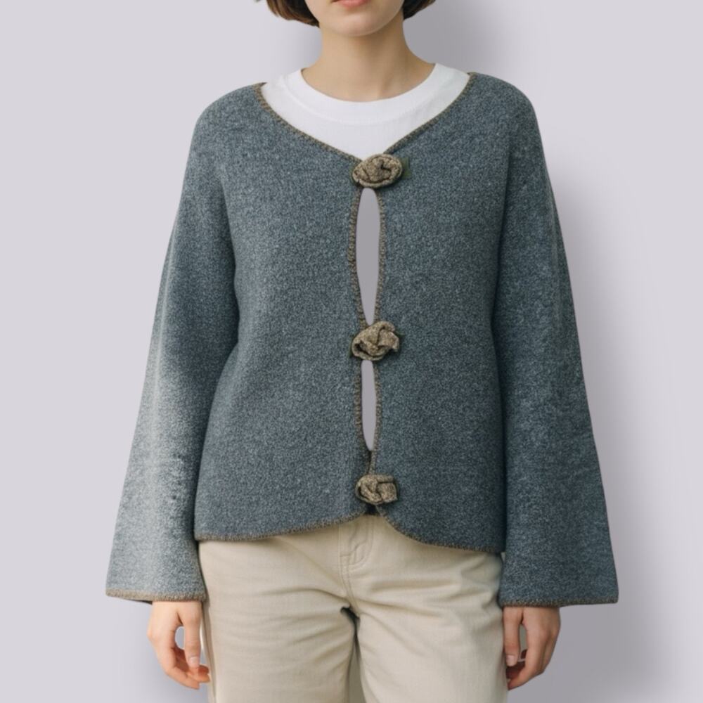 KRISTI ROSE Wool Blend Cardigan Sweater OS 3D Flower Bell‎ Sleeve Cottage Granny